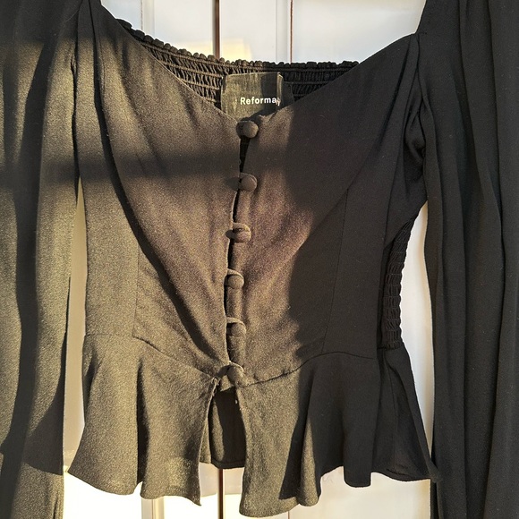 Reformation Black Buttoned Long Sleeve Peplum Blouse - Picture 8 of 12